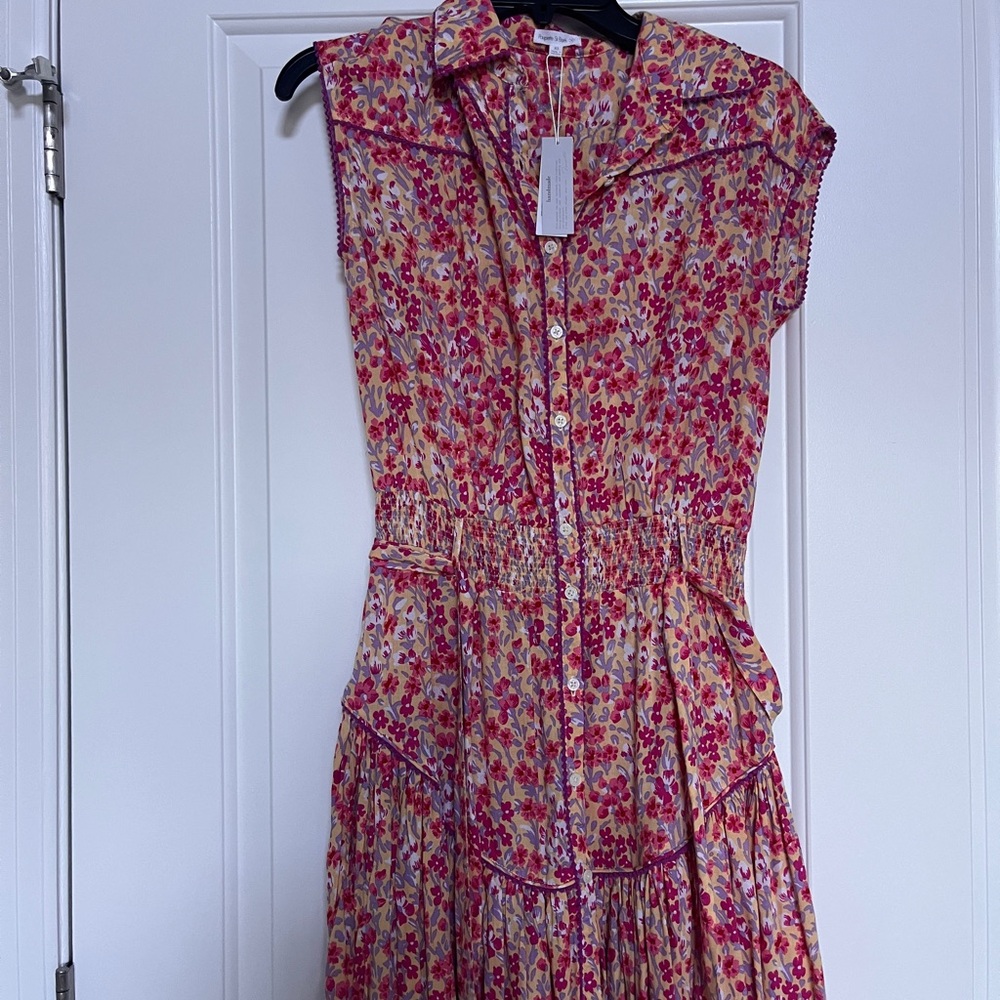 Poupette St. Barth Lace Trimmed Purple Daffodil Floral  Midi Dress